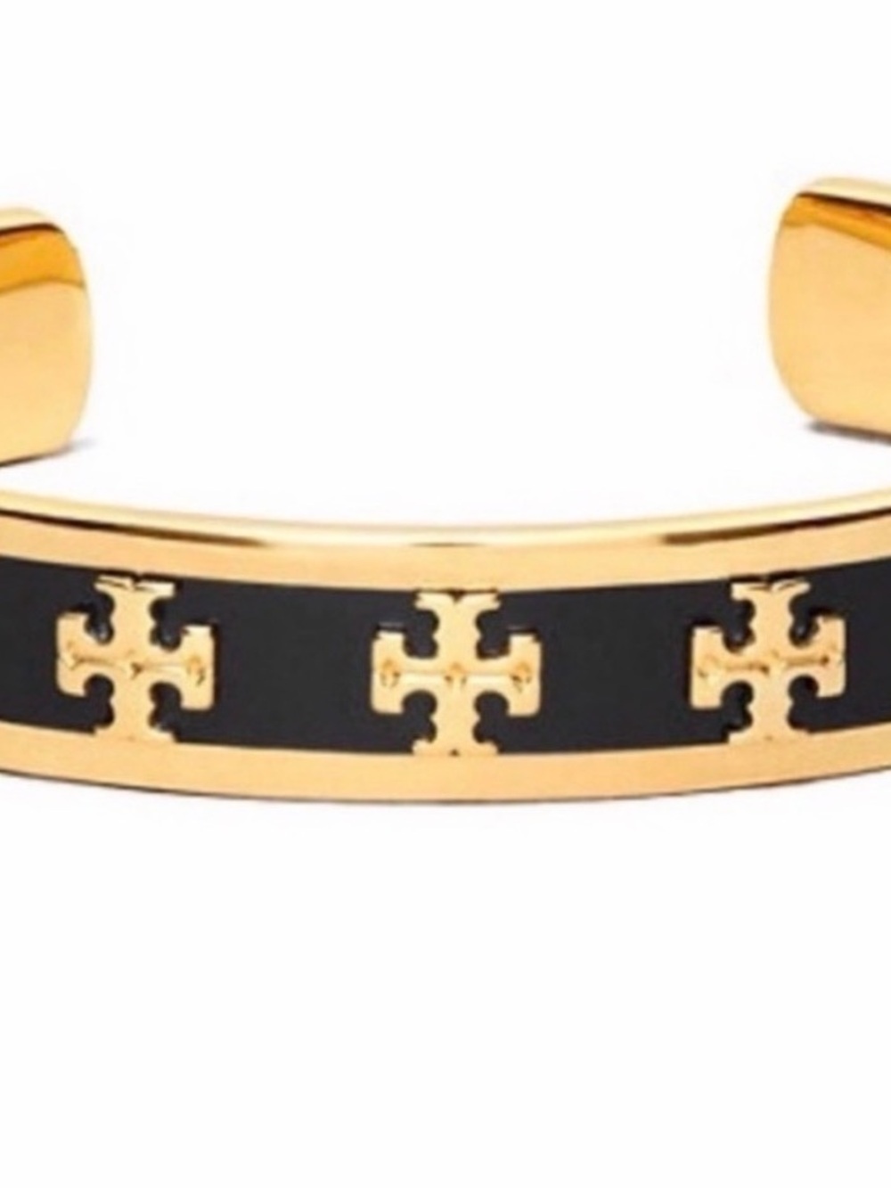Tory Burch Black and Gold Logo Open Cuff Bracelet